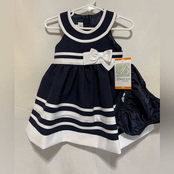 Bonnie Jean Exclusive dress w/ bloomers. 12 months. NWT. Navy/White - Picture 2 of 10